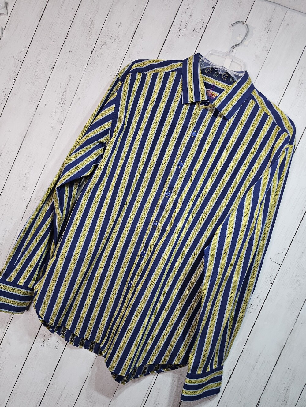Robert Graham Men's Blue Chartreuse Striped Long-Sleeve Button-Up Shirt Size 2XL - Picture 2 of 12